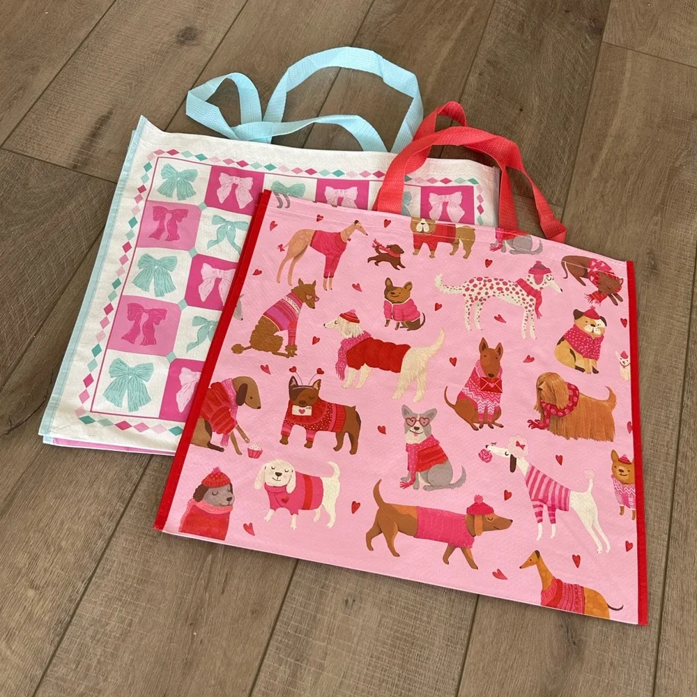 Homegoods TJMaxx Marshalls Valentines Day Dog & Pink Blue Bow Tote Bags NWOT